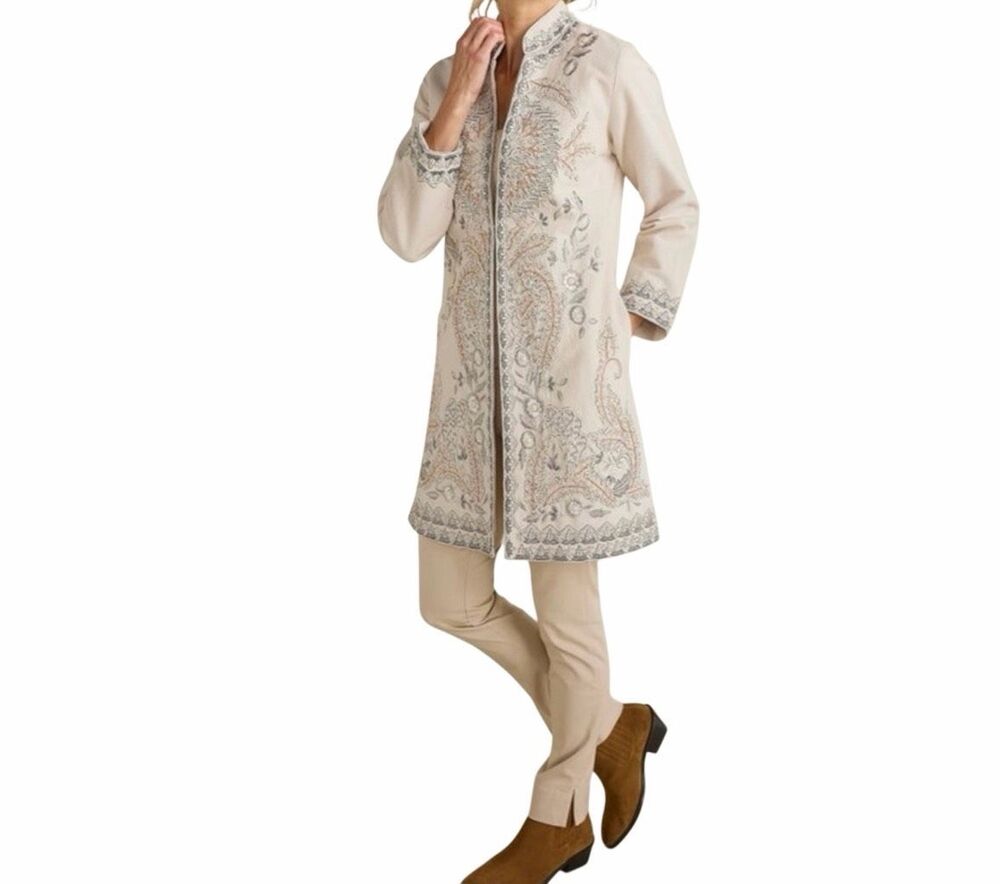 Soft Surroundings Kerala Beaded Embroidered Canvas Jacket Natural Boho 1X NEW